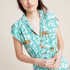 Maeve Anthropologie Catherine Shirtdress Womens 0 Green Tiger Print Short Sleeve
